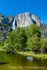 Rafters enjoy a Spring day on the Merced River in Yosemite Valley, with Yosemite Falls in the background, Yosemite National Park, California