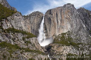 Upper Yosemite Falls near peak flow in spring.  Yosemite Falls, at 2425 feet tall (730m) is the tallest waterfall in North America and fifth tallest in the world.  Yosemite Valley, Yosemite National Park, California