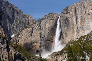 Upper Yosemite Falls near peak flow in spring.  Yosemite Falls, at 2425 feet tall (730m) is the tallest waterfall in North America and fifth tallest in the world.  Yosemite Valley, Yosemite National Park, California