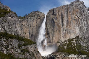 Upper Yosemite Falls near peak flow in spring.  Yosemite Falls, at 2425 feet tall (730m) is the tallest waterfall in North America and fifth tallest in the world.  Yosemite Valley, Yosemite National Park, California