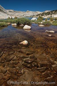 Rocks and stream connecting the two sections of Townsley Lake, with Choo-choo Ridge (11357') visible in the distance, Yosemite National Park, California