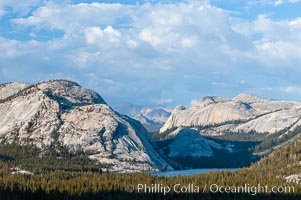 Tenaya Lake is surrounded by epic granite domes, with Polly Dome on the left.  Late afternoon, viewed from Olmsted Point, Yosemite National Park, California