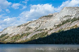 Tenaya Peak rises above Tenaya Lake near Tuolumne Meadows, Yosemite National Park, California