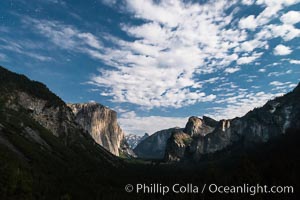 Yosemite Valley and stars lit by full moon, evening, Yosemite National Park, California