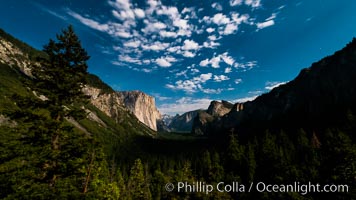 Yosemite Valley and stars lit by full moon, evening, Yosemite National Park, California