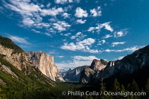 Yosemite Valley and stars lit by full moon, evening, Yosemite National Park, California