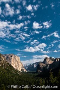 Yosemite Valley and stars lit by full moon, evening, Yosemite National Park, California