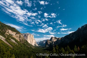 Yosemite Valley and stars lit by full moon, evening, Yosemite National Park, California