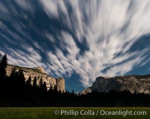 Yosemite Valley and stars lit by full moon, evening, Yosemite National Park, California