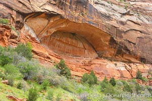 Natural arch formed in red Navaho sandstone cliffs, Zion Canyon, Zion National Park, Utah