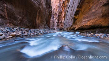 The Virgin River Narrows, where the Virgin River has carved deep, narrow canyons through the Zion National Park sandstone, creating one of the finest hikes in the world