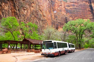 Shuttle buses move visitors throughout the upper Zion Canyon from April through September.