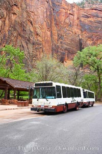 Shuttle buses move visitors throughout the upper Zion Canyon from April through September, Zion National Park, Utah