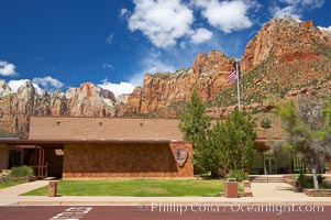 Zion Natural Human Museum, with the West Temple at 7810, the Sundial at 7590, and the Altar of Sacrifice at 7505 seen behind it, Zion National Park, Utah