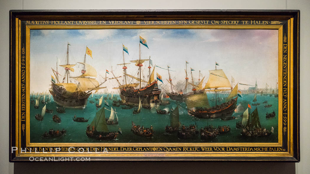 The Return to Amsterdam of the Second Expedition to the East Indies, Hendrik Cornelisz. Vroom, 1599. Oil on canvas, h 102.3cm x w 218.4cm. Rijksmuseum, Holland, Netherlands, natural history stock photograph, photo id 29462