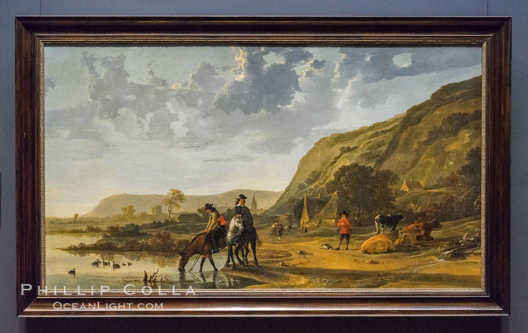 River Landscape with Riders, Aelbert Cuyp, 1653 - 1657. Oil on canvas, h 128cm x w 227.5cm. Rijksmuseum, Amsterdam, Holland, Netherlands, natural history stock photograph, photo id 29470
