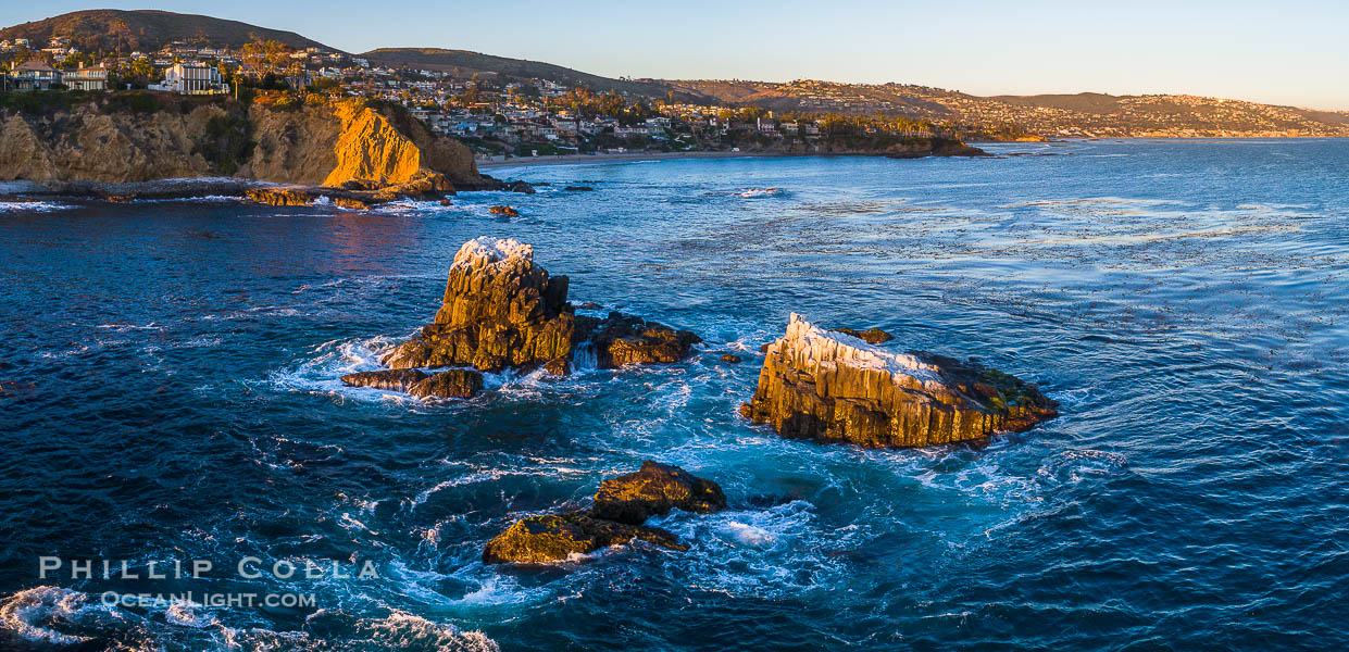 Seal Rocks at Sunset, Panoramic Aerial Photo, Laguna Beach, California., natural history stock photograph, photo id 34040