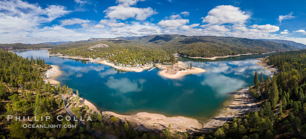 Aerial Panorama of Bass Lake, the water level is low in autumn months and rises again as summer approaches the following year. California, USA, natural history stock photograph, photo id 38530
