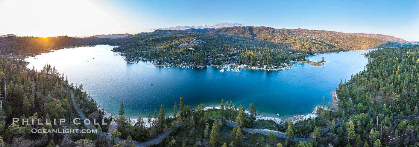 Aerial Panorama of Bass Lake near Oakhurst, California, at sunset. USA, natural history stock photograph, photo id 38212