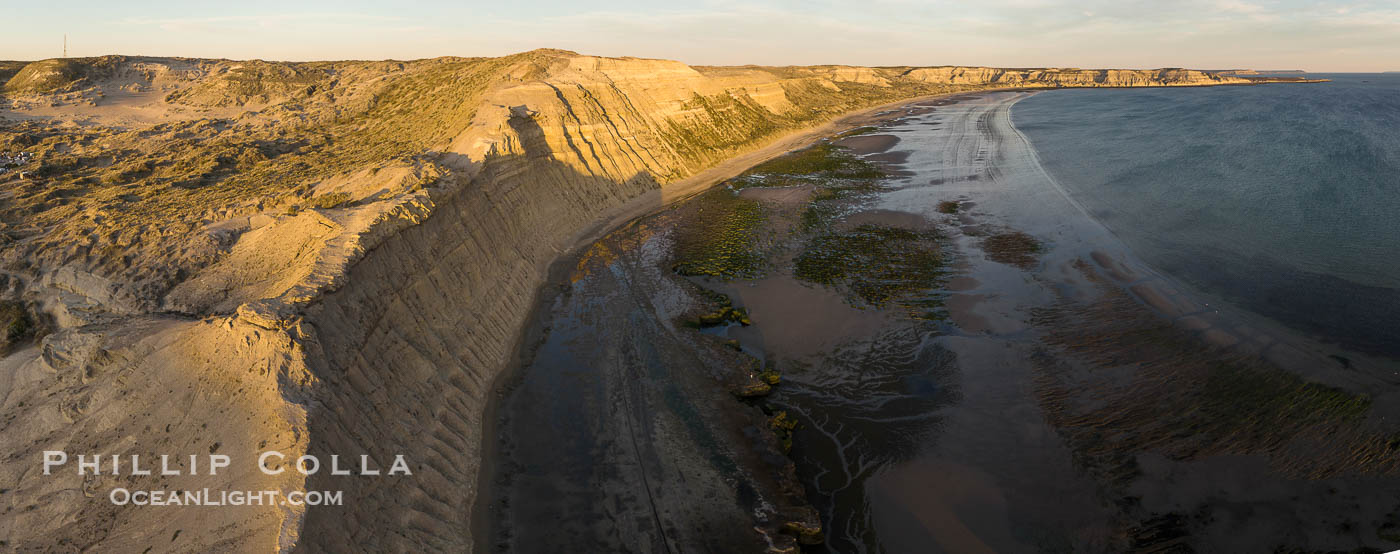 Aerial panorama of sea cliffs and Golfo Nuevo, near Puerto Piramides, Argentina. Chubut, natural history stock photograph, photo id 38259