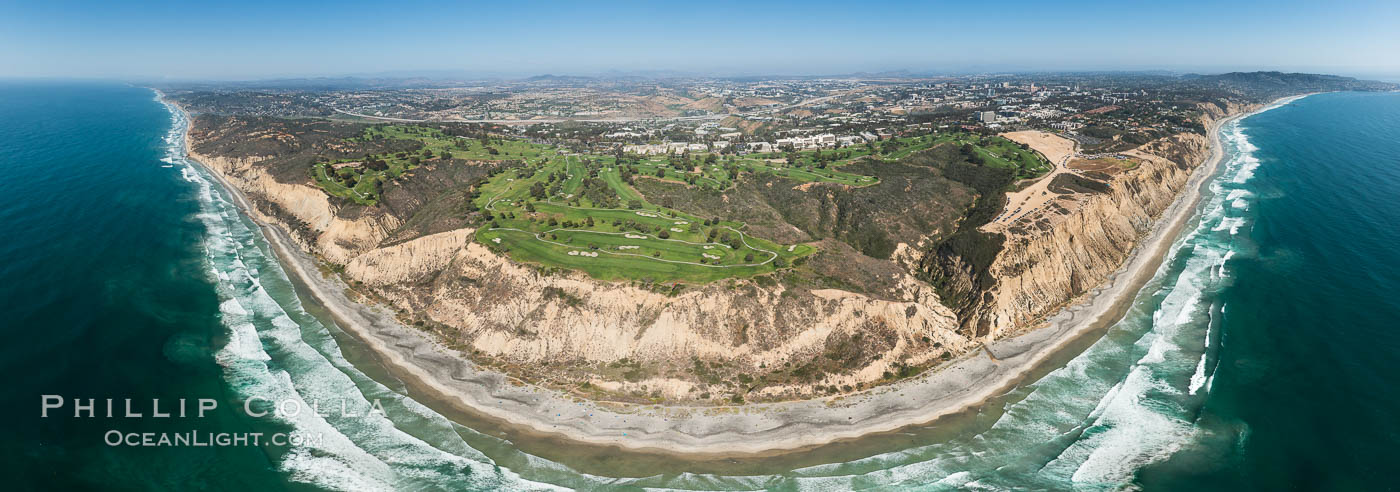 Aerial panorama of Blacks Beach, Torrey Pines Golf Course (south course), and views to La Jolla (south) and Carlsbad (north). California, USA, natural history stock photograph, photo id 30851