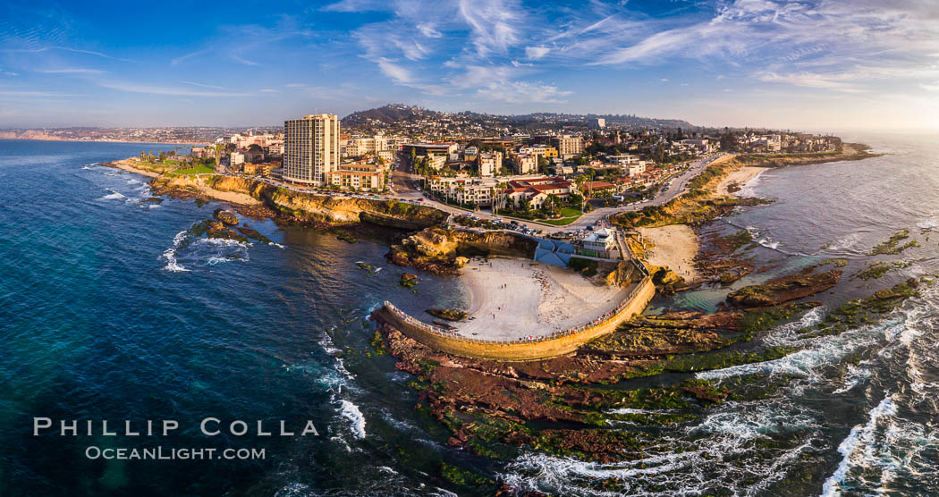 Aerial Panoramic Photo of Children's Pool, Casa Cove and La Jolla Coastline. The underwater reef is exposed by extreme low tide. California, USA, natural history stock photograph, photo id 38158