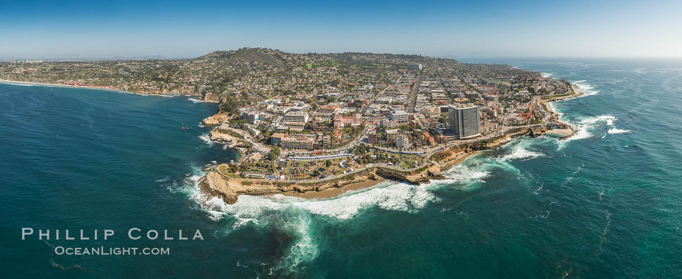 Aerial Panoramic Photo of La Jolla Cove and Scripps Park, Mount Soledad and Downtown La Jolla., natural history stock photograph, photo id 30849