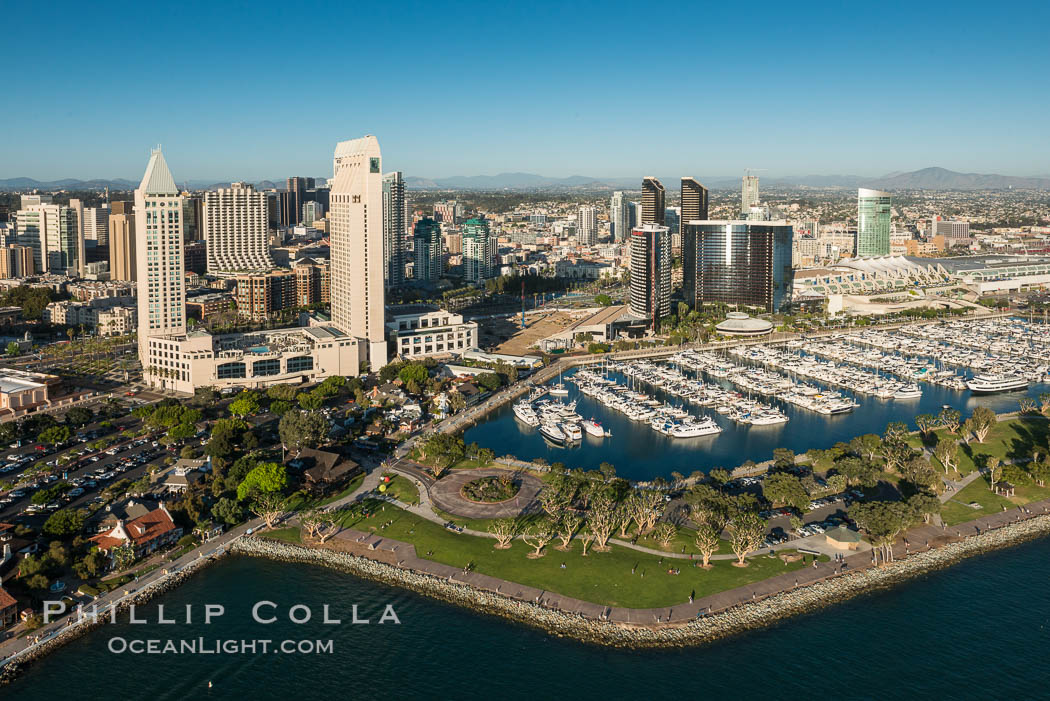 Aerial Phot of Marriott Hotel towers, rising above the Embarcadero Marine Park and yacht marina., natural history stock photograph, photo id 30766