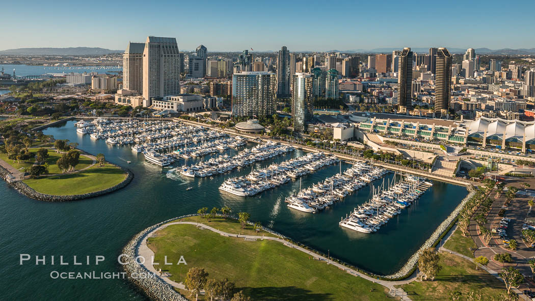 Aerial Phot of Marriott Hotel towers, rising above the Embarcadero Marine Park and yacht marina., natural history stock photograph, photo id 30768