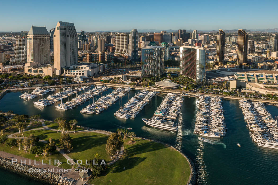 Aerial Phot of Marriott Hotel towers, rising above the Embarcadero Marine Park and yacht marina., natural history stock photograph, photo id 30767