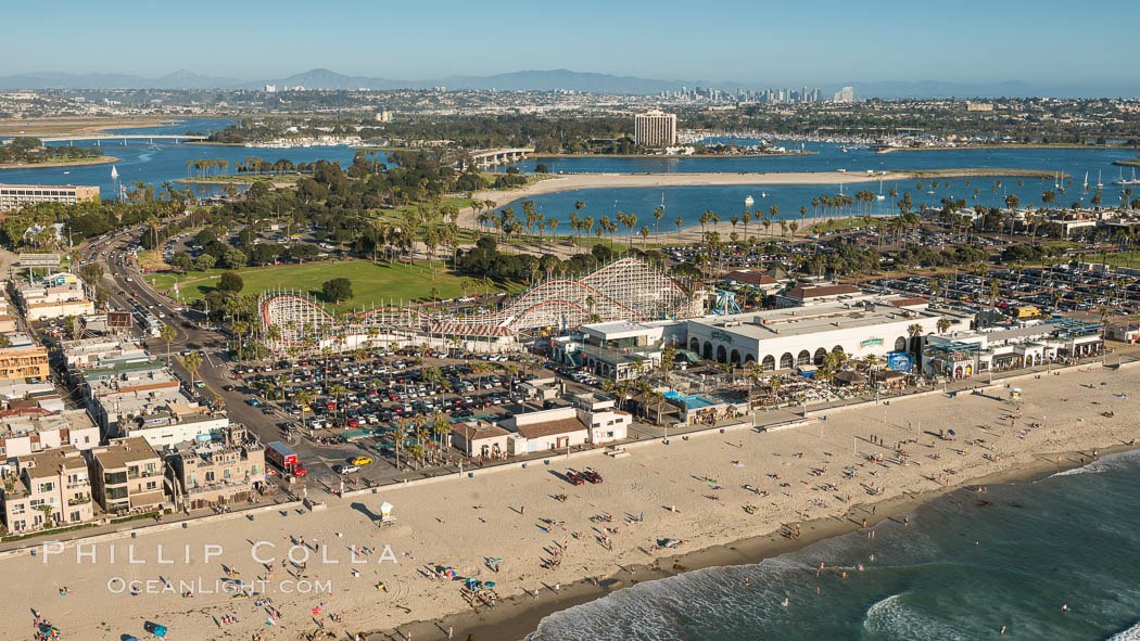 Aerial photo of Belmont Park, the Giant Dipper roller coaster, Mission Bay and San Diego in the distance., natural history stock photograph, photo id 30752