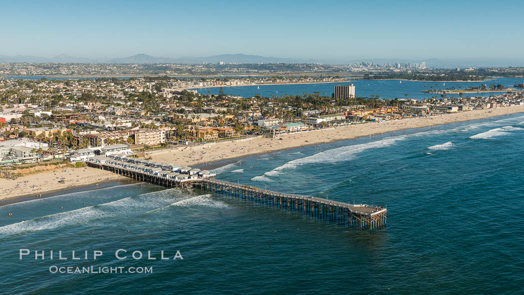 Aerial Photo of Crystal Pier, Pacific Beach. Crystal Pier, 872 feet long and built in 1925, extends out into the Pacific Ocean from the town of Pacific Beach., natural history stock photograph, photo id 30750