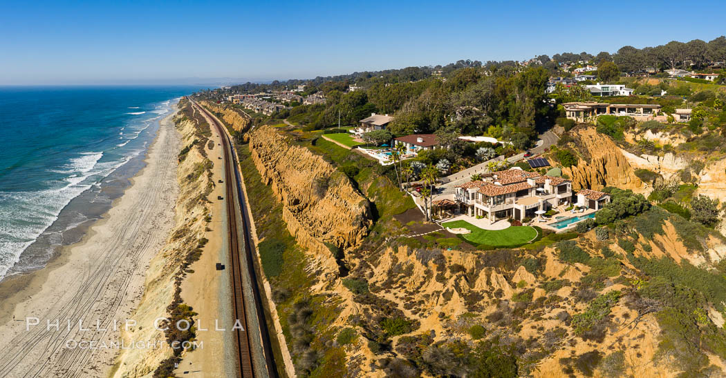 Aerial Photo of Del Mar Coastline, North County, San Diego, including train tracks running along the edge of the sea cliffs above the Pacific Ocean. California, USA, natural history stock photograph, photo id 38036