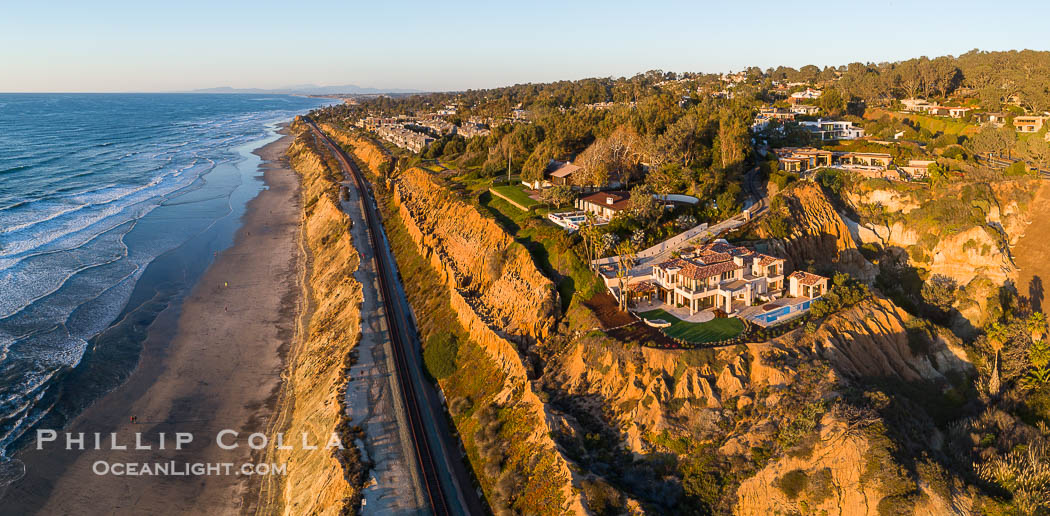 Aerial Photo of Del Mar Coastline, North County, San Diego, including train tracks running along the edge of the sea cliffs above the Pacific Ocean. California, USA, natural history stock photograph, photo id 38237