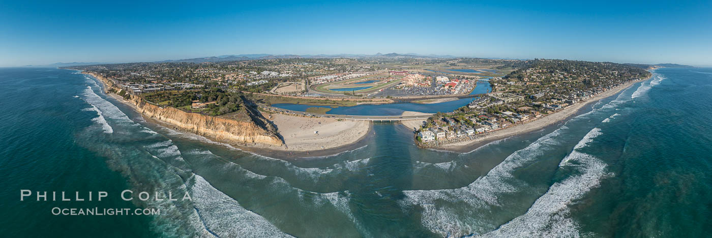 Aerial Panoramic Photo of Del Mar Dog Beach and San Dieguito River. To the left (north) is Solana Beach, to the right (south) is Del Mar with La Jolla's Mount Soledad in the distance.  Beyond the San Dieguito River mouth in the center is the Del Mar Racetrack. California, USA, natural history stock photograph, photo id 30775