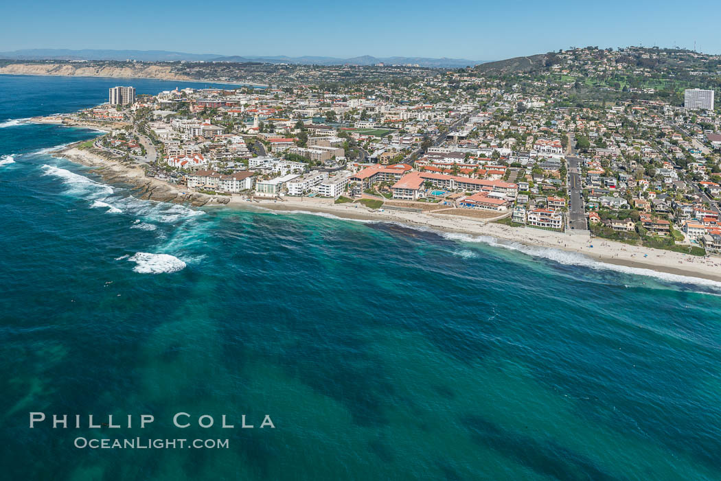 Aerial Photo of La Jolla coastline, showing underwater reefs and Mount Soledad., natural history stock photograph, photo id 30680