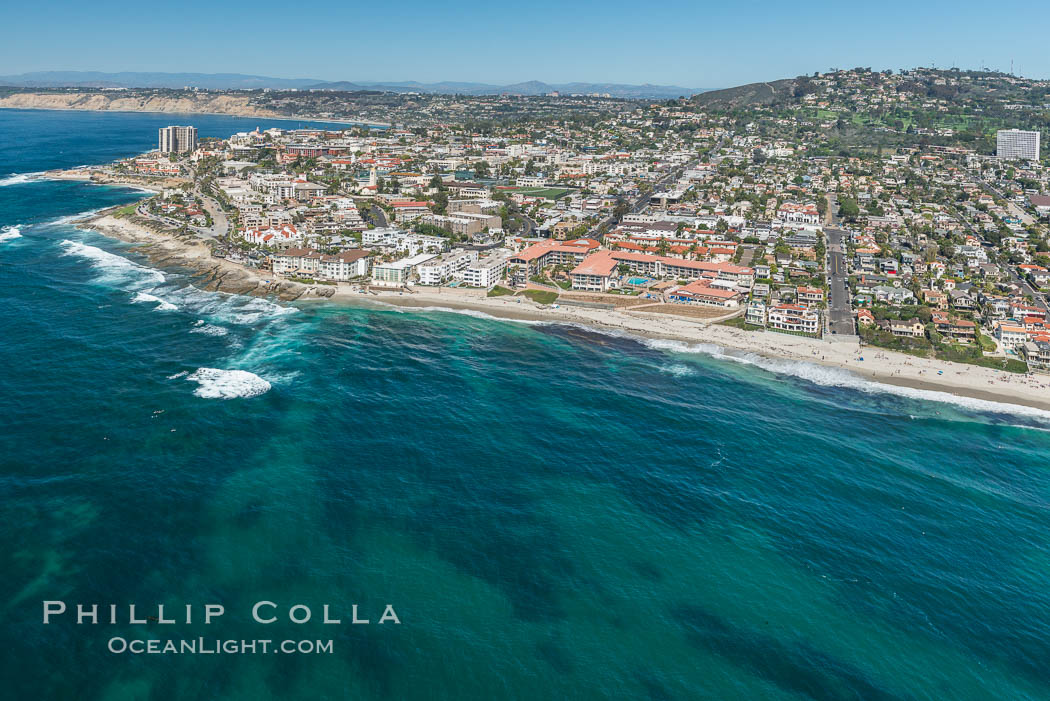 Aerial Photo of La Jolla coastline, showing underwater reefs and Mount Soledad. California, USA, natural history stock photograph, photo id 30680