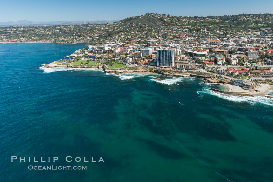 Aerial Photo of La Jolla coastline, showing underwater reefs and Mount Soledad. California, USA, natural history stock photograph, photo id 30677