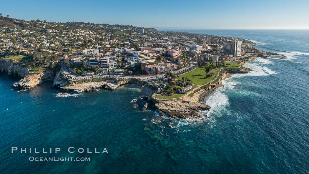 Aerial Photo of La Jolla Cove, Mount Soledad and Scripps Park, La Jolla Coastline., natural history stock photograph, photo id 30740