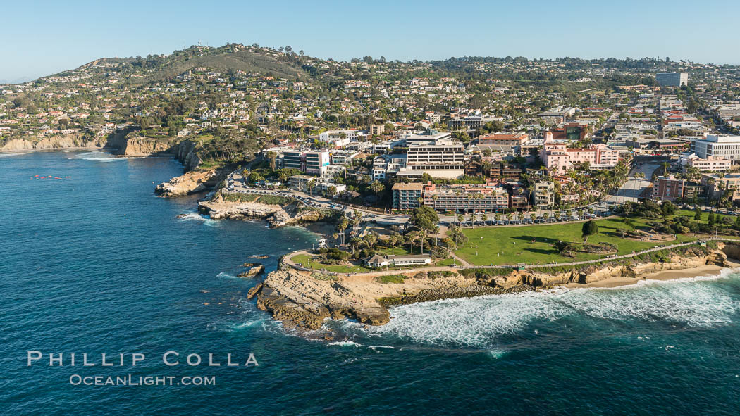 Aerial Photo of La Jolla Cove, Mount Soledad and Scripps Park, La Jolla Coastline., natural history stock photograph, photo id 30741
