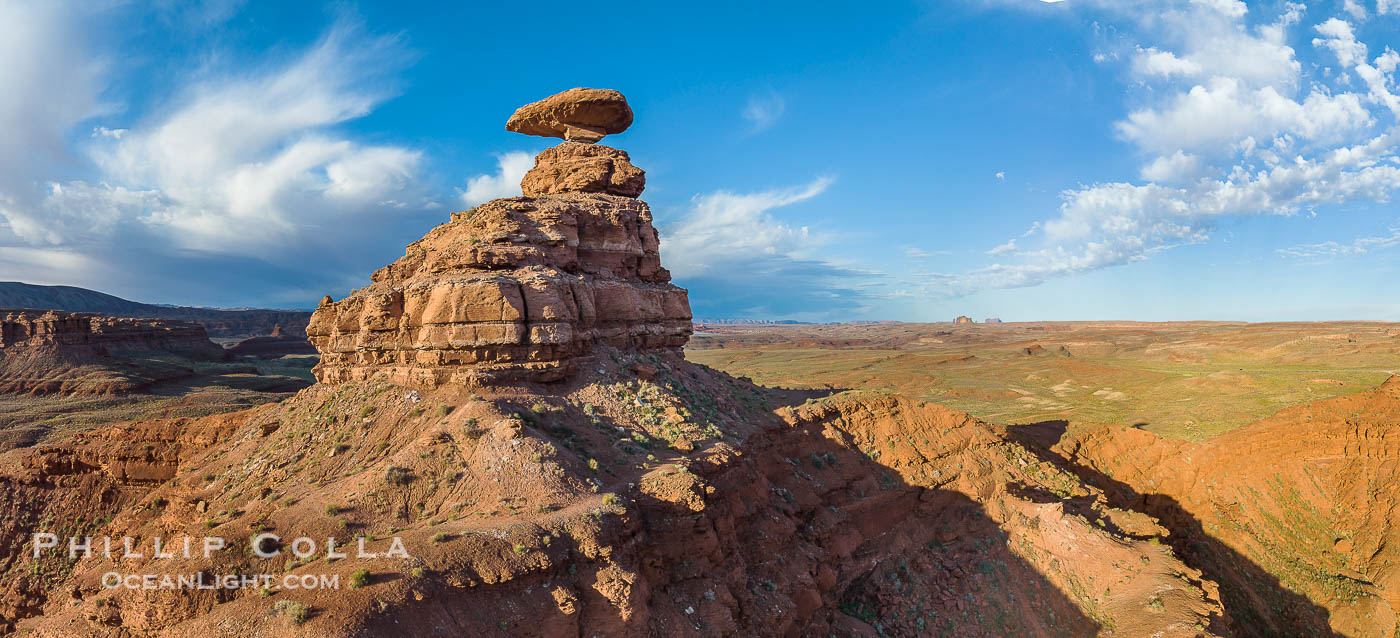 Aerial Photo of Mexican Hat Rock, Utah.  The capstone of Mexican Hat Rock is 60 feet wide by 12 feet high and has two climbing routes., natural history stock photograph, photo id 39491