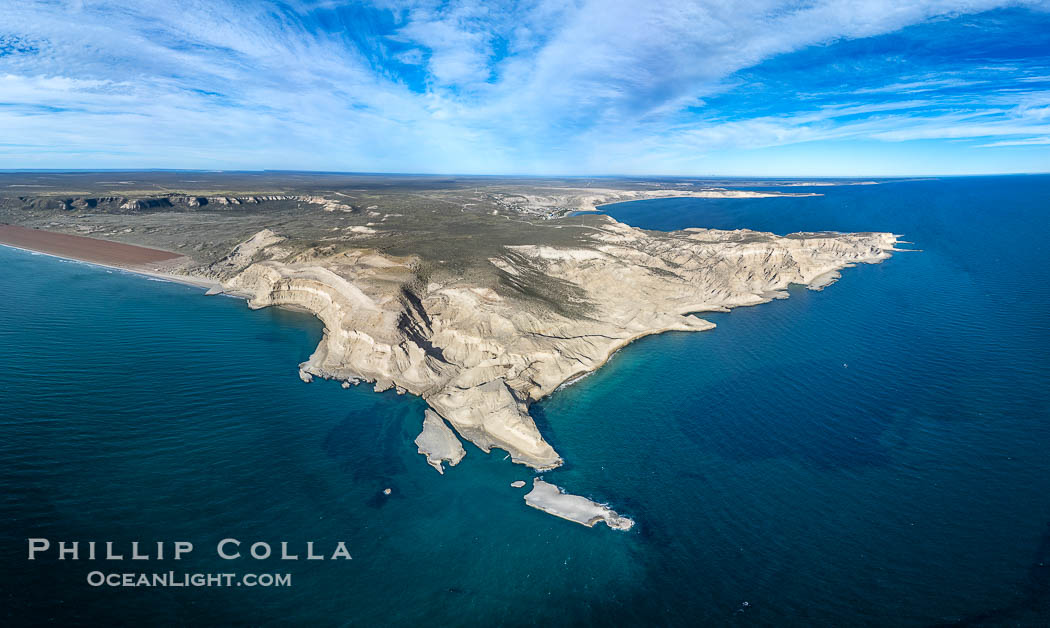 Aerial photo of the Puerto Piramides headlands, part of Golfo Nuevo on Peninsula Valdes, Argentina. By permission of the Government of Argentina, Chubut, permit # 51 / 2025-SsCyA., natural history stock photograph, photo id 41303
