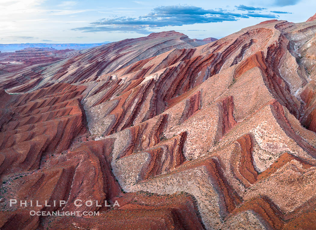Aerial Photo of Raplee Ridge near Mexican Hat, Utah. Raplee Ridge is a spectacular series of multicolored triangular flatirons near the San Juan River.  Often called "the Raplee Anticline" the geologic structure is in fact better described as a monocline, according to the Utah Geological Survey. USA, natural history stock photograph, photo id 39490