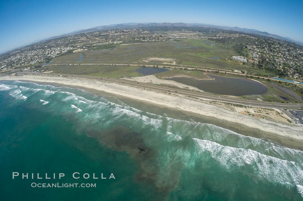 Aerial Photo of San Elijo Lagoon and Cardiff Reef beach. San Elijo Lagoon Ecological Reserve is one of the largest remaining coastal wetlands in San Diego County, California, on the border of Encinitas, Solana Beach and Rancho Santa Fe. USA, natural history stock photograph, photo id 30582