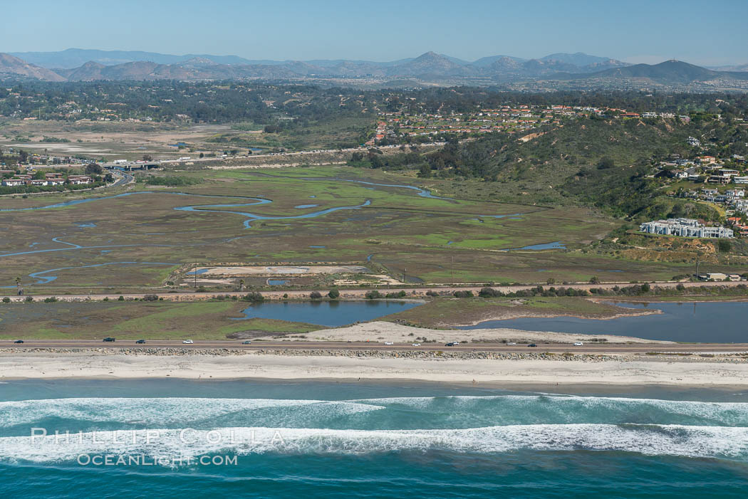 Aerial Photo of San Elijo Lagoon and Cardiff Reef beach. San Elijo Lagoon Ecological Reserve is one of the largest remaining coastal wetlands in San Diego County, California, on the border of Encinitas, Solana Beach and Rancho Santa Fe. USA, natural history stock photograph, photo id 30598