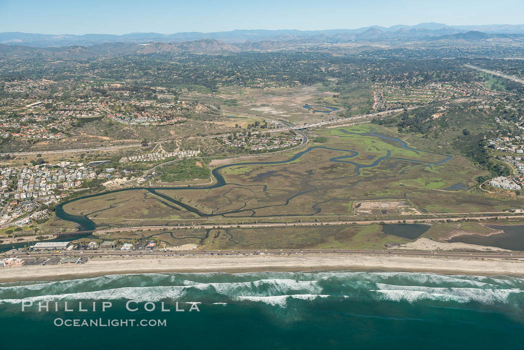 Aerial Photo of San Elijo Lagoon. San Elijo Lagoon Ecological Reserve is one of the largest remaining coastal wetlands in San Diego County, California, on the border of Encinitas, Solana Beach and Rancho Santa Fe. USA, natural history stock photograph, photo id 30618