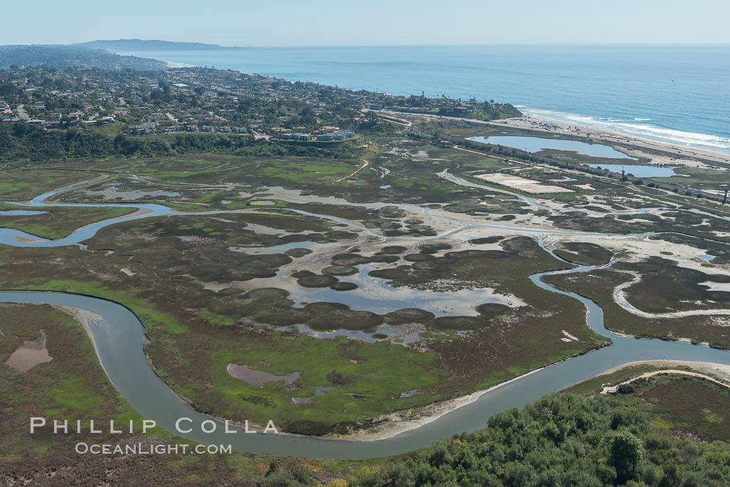 Aerial Photo of San Elijo Lagoon. San Elijo Lagoon Ecological Reserve is one of the largest remaining coastal wetlands in San Diego County, California, on the border of Encinitas, Solana Beach and Rancho Santa Fe. USA, natural history stock photograph, photo id 30592