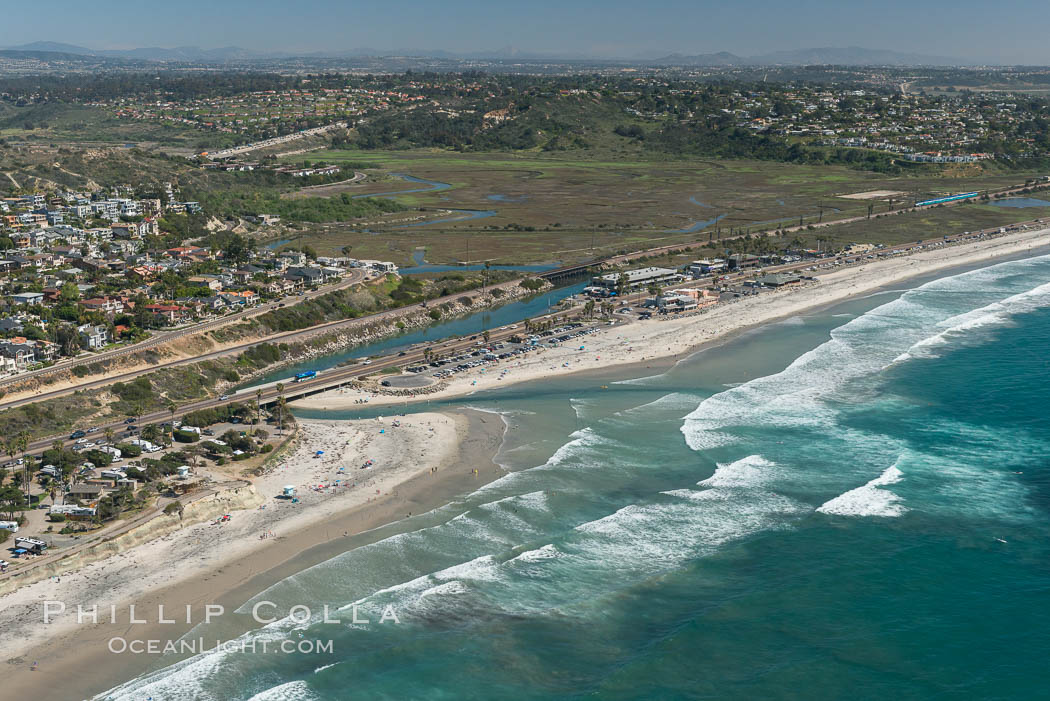 Aerial Photo of San Elijo Lagoon and Cardiff Reef beach. San Elijo Lagoon Ecological Reserve is one of the largest remaining coastal wetlands in San Diego County, California, on the border of Encinitas, Solana Beach and Rancho Santa Fe. USA, natural history stock photograph, photo id 30596
