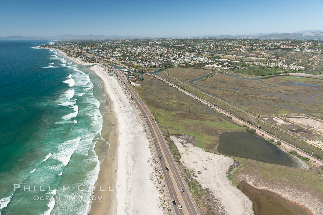 Aerial Photo of San Elijo Lagoon and Cardiff Reef beach. San Elijo Lagoon Ecological Reserve is one of the largest remaining coastal wetlands in San Diego County, California, on the border of Encinitas, Solana Beach and Rancho Santa Fe. USA, natural history stock photograph, photo id 30583