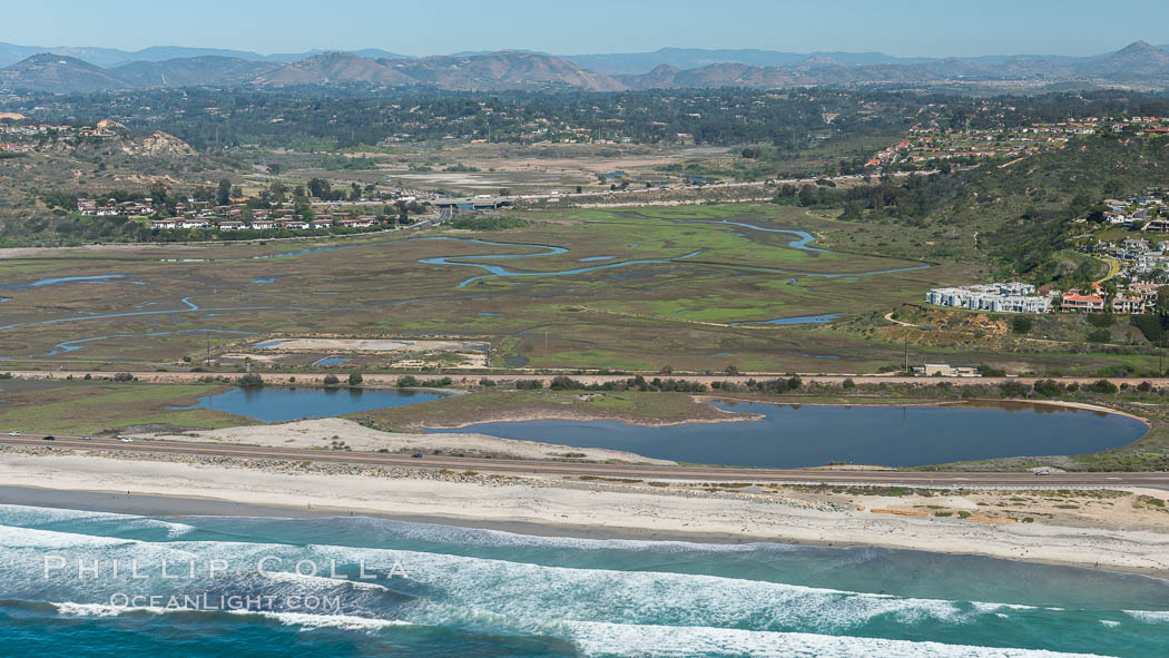 Aerial Photo of San Elijo Lagoon and Cardiff Reef beach. San Elijo Lagoon Ecological Reserve is one of the largest remaining coastal wetlands in San Diego County, California, on the border of Encinitas, Solana Beach and Rancho Santa Fe. USA, natural history stock photograph, photo id 30599